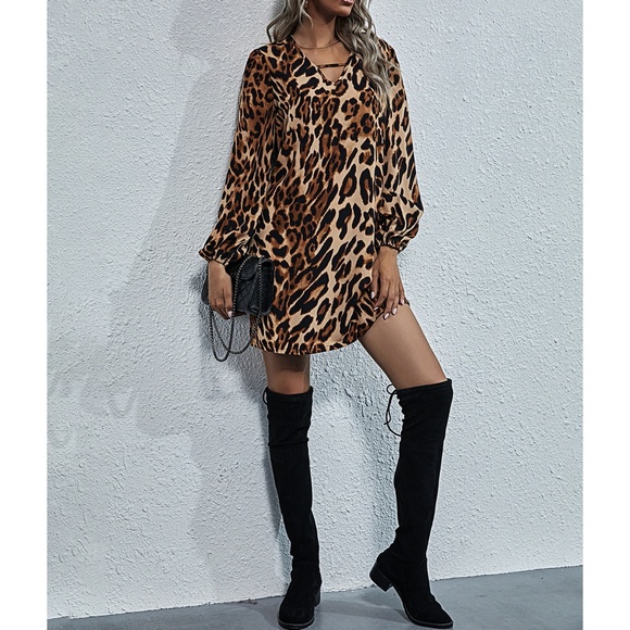 Leopard Print Long Sleeve Tunic Shift Dress - Picture 6 of 8